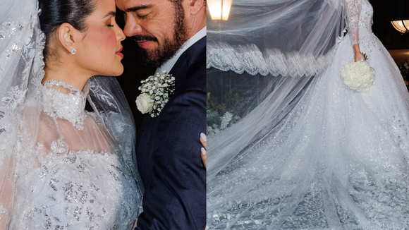Mangas longas, véu catedral e renda delicada: Luana Sales usa dois vestidos de noiva em casamento de R$ 500 mil com Sidney Sampaio