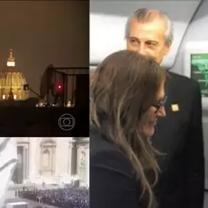 À esquerda, Ilze Scamparini na cobertura da morte do papa Bento 16 (acima) e a do papa João Paulo II; ao lado, ao conseguir declaração importante de Francisco sobre a tolerância aos gays na Igreja