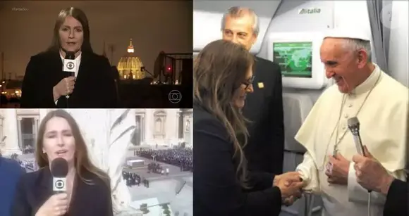 À esquerda, Ilze Scamparini na cobertura da morte do papa Bento 16 (acima) e a do papa João Paulo II; ao lado, ao conseguir declaração importante de Francisco sobre a tolerância aos gays na Igreja