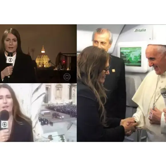 À esquerda, Ilze Scamparini na cobertura da morte do papa Bento 16 (acima) e a do papa João Paulo II; ao lado, ao conseguir declaração importante de Francisco sobre a tolerância aos gays na Igreja