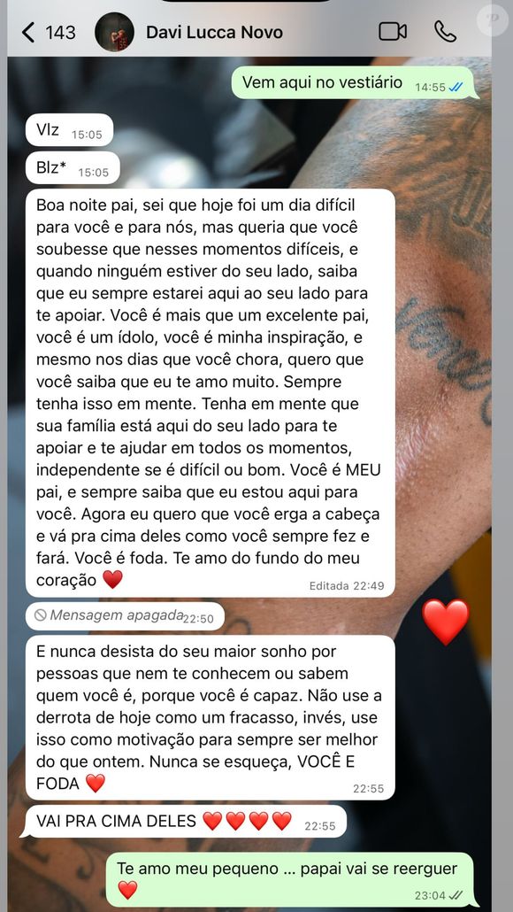 Neymar mostrou a mensagem que recebeu de Davi Lucca pelo whatsapp