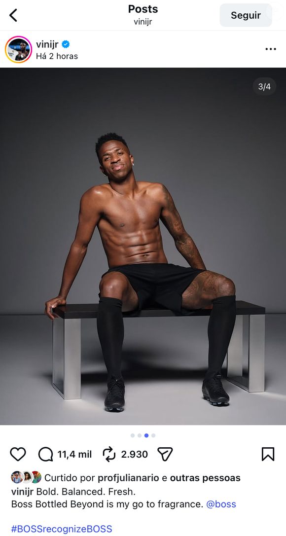 Vini Jr. apareceu sem camisa para divulgar um perfume de uma grife internacional