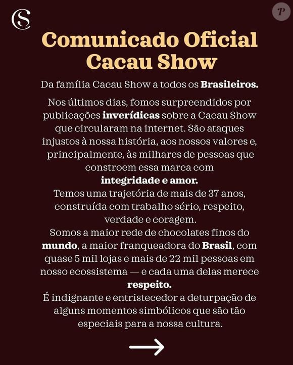 Cacau Show usou as redes sociais nesta segunda (2) para se manifestar sobre os rumores que causaram polêmicas nas últimas semanas