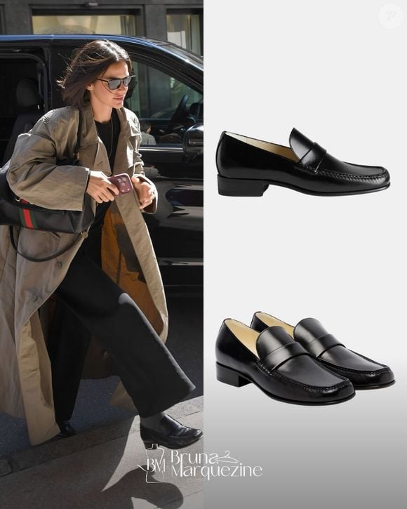 Nos pés, Bruna Marquezine escolheu um mocassim preto da Phoebe Philo, avaliado em US$ 1.400, aproximadamente R$ 7.200, para completar seu visual durante a passagem por Milão