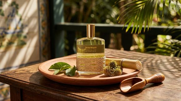 O diferencial da Cachaça de Jambu, da Feito Brasil, está na combinação de frescor, brasilidade e artesanato, com uma fragrância inspirada na natureza amazônica e acompanhada por uma peça feita à mão no Pará