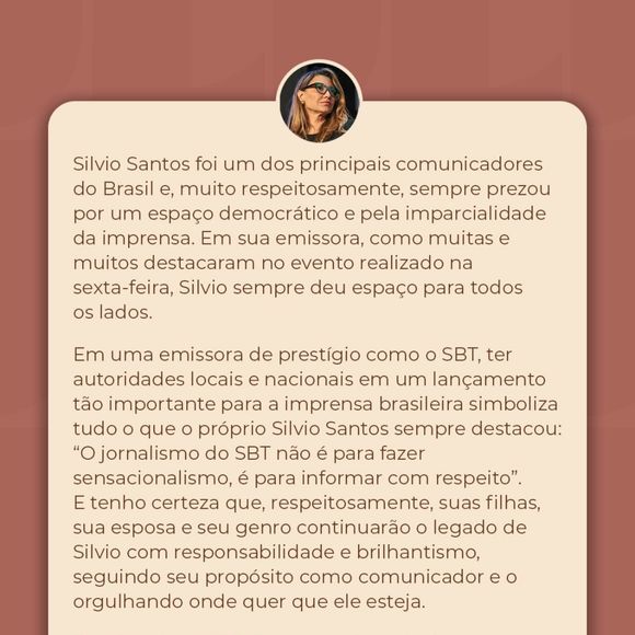 Ao defender as filhas de Silvio Santos, Janja da Silva destaca que ataques verbais também fazem parte do ciclo de violência contra mulheres no Brasil