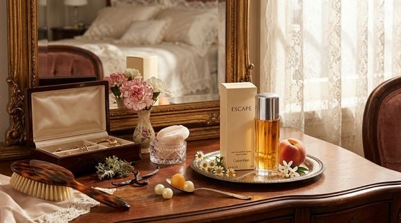 Entre as notas de topo do Escape estão melão, camomila e cravo francês, além de tagetes, damasco, jacinto, musgo de carvalho, maçã, coentro, mandarina, ylang ylang, groselha preta, lichia e cássia