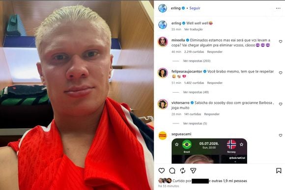 Após o jogo, Haaland se divertiu com a vitória contra o Brasil e teve seu perfil 'invadido' por brasileiros