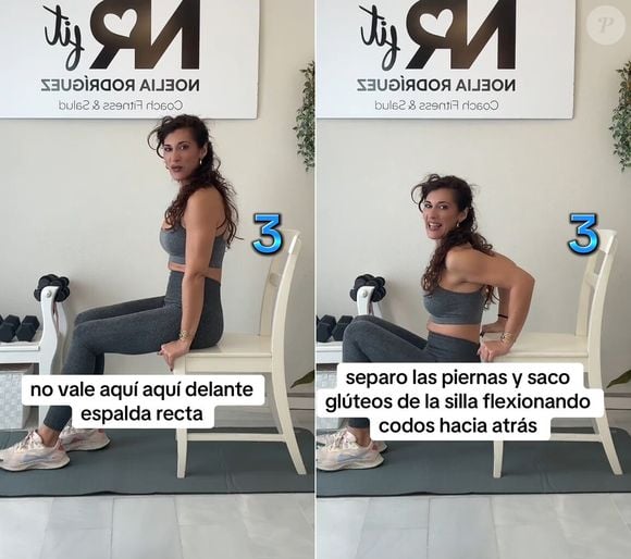 Exercício 3: as flexões de tríceps na cadeira são feitas sem peso, apenas usando o corpo para tonificar os tríceps