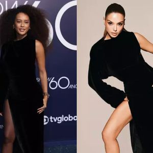 Taís Araújo e Giovanna Lancellotti usaram o mesmo vestido de veludo preto com manga assimétrica, da Maison Alaïa, para o especial 60 anos da Globo, em abril de 2025