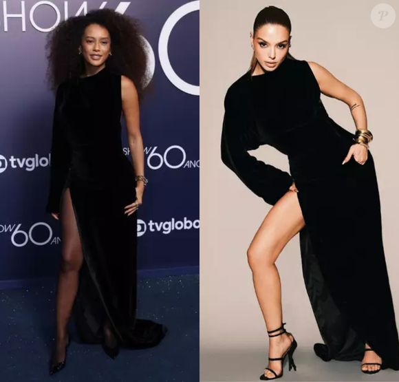 Taís Araújo e Giovanna Lancellotti usaram o mesmo vestido de veludo preto com manga assimétrica, da Maison Alaïa, para o especial 60 anos da Globo, em abril de 2025
