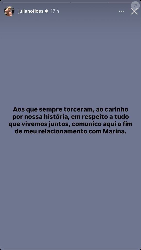 Na noite de segunda-feira (17), Juliano Floss, de 22 anos, anunciou o fim do relacionamento com Marina Sena nos stories do Instagram e afirmou que tomou a decisão em respeito à história vivida pelo casal