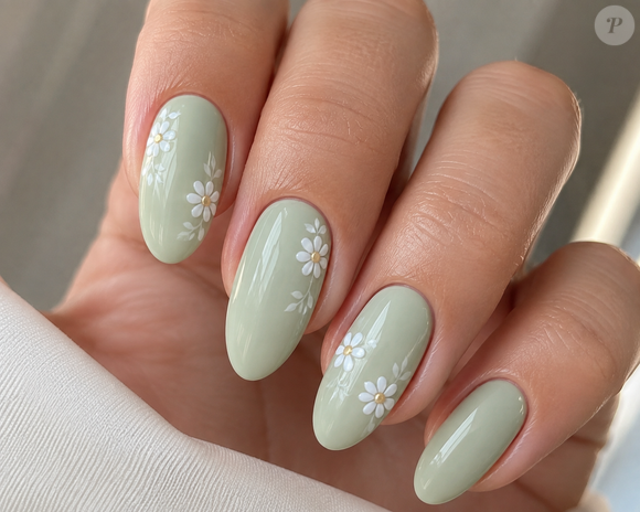 Quem prefere fugir das cores tradicionais pode apostar no verde pastel com decoração floral. As pequenas flores brancas acrescentam delicadeza ao desenho sem comprometer a proposta minimalista da manicure