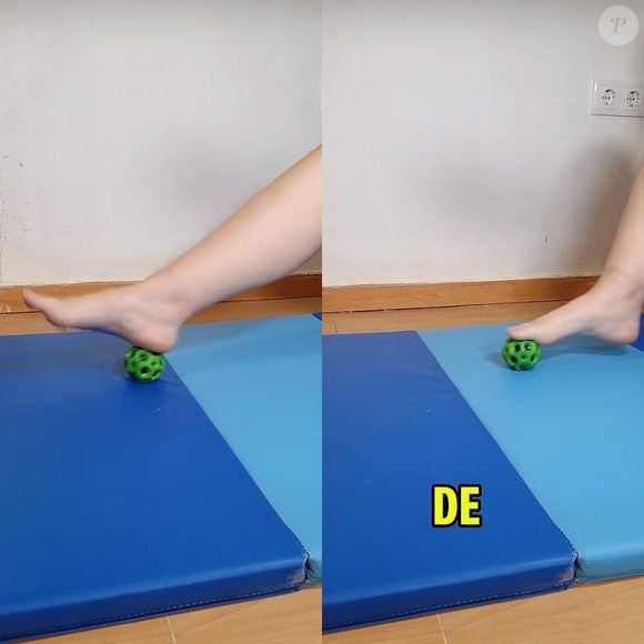 O quarto exercício da lista mostra a massagem da fáscia plantar, utilizando uma bola de tênis, ou qualquer outra desse tamanho similar.