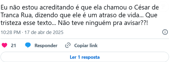 Usuários fizeram críticas à fala da personagem Maria de Fátima nas redes sociais, como no X (antigo Twitter).
