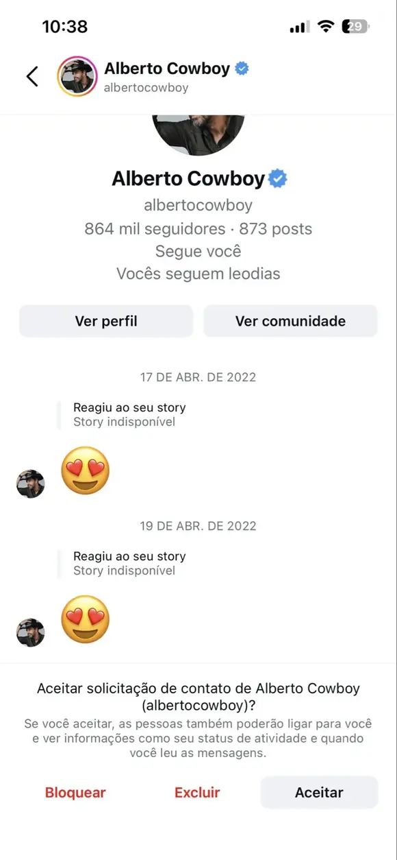 Segundo print divulgado pela internauta Duda Itaparica, Alberto Cowboy reagiu a duas fotos dela com emoji de coração em abril de 2022