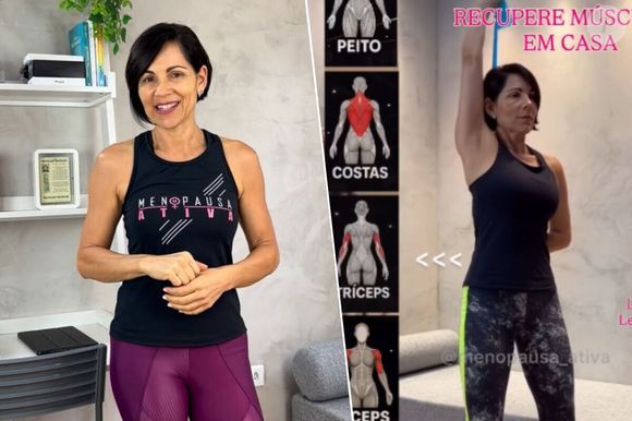 A instrutora de Pilates Bete Correia, especializada em menopausa, ensina uma rotina de 5 exercícios para fortalecer a parte superior do corpo durante a menopausa usando uma faixa elástica