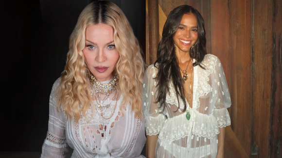 Madonna aos 68 anos redefine o luxo: vestido chemise com renda branca, tendência da década de 1970, surge como aliado em look boho-chic; estilo também já conquistou Bruna Marquezine e ganhou versões na Zara e Bershka