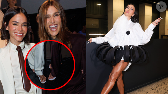 Terno com chinelo? Bruna Marquezine e Sasha Meneghel apostam em combinação inusitada em desfile; Sabrina Sato coloca ‘pernocas’ para jogo