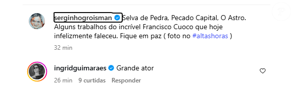 Serginho Groisman também fez homenagens a Francisco Cuoco e Ingrid Guimarães reagiu: 'Grande ator'