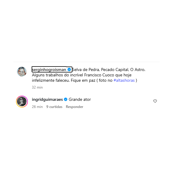 Serginho Groisman também fez homenagens a Francisco Cuoco e Ingrid Guimarães reagiu: 'Grande ator'