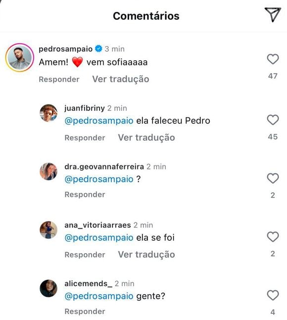 Pedro Sampaio não lê post de Lexa sobre morte da filha e reage: 'Vem Sofia' -