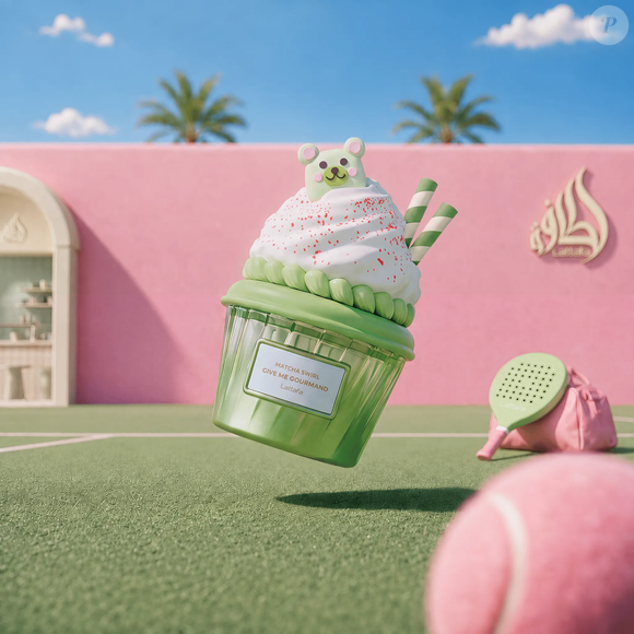 Entre as novidades da linha Give Me Gourmand, da Lattafa, o Matcha Swirl transforma referências de confeitaria em perfume ao reunir notas de morango, bolo de matcha, tonka, baunilha e chocolate branco