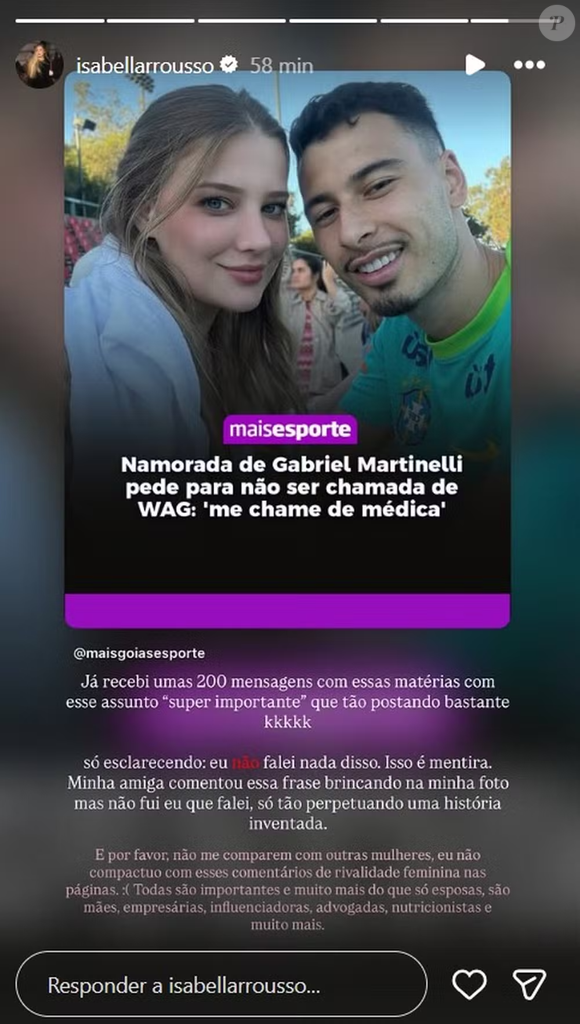 No centro de uma polêmica nas redes, Isabella Rousso explicou que nunca reclamou do termo WAG e negou declarações atribuídas a ela