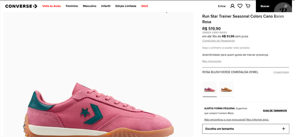 Até o fechamento da matéria, o Run Star Trainer Seasonal Colors Cano Baixo Rosa custava R$ 519,90 no site da Converse Brasil, com parcelamento em até 10 vezes sem juros.