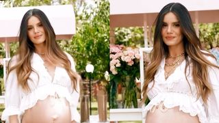 Bolo de 4 andares com flores e barrigão de fora: Camila Queiroz combina luxo e elegância em chá de bebê de filha com Klebber Toledo. Fotos!