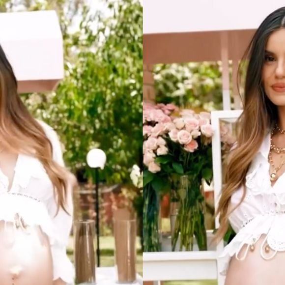 Camila Queiroz exibe barrigão em chá de bebê da filha com Klebber Toledo: festa teve bolo de 4 andares e flores elegantes
