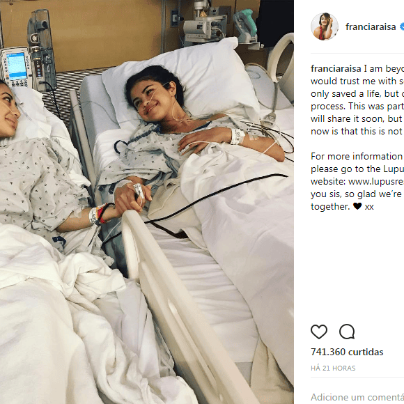 Atriz Francia Raísa descobriu ser compatível e decidiu doar rim para Selena