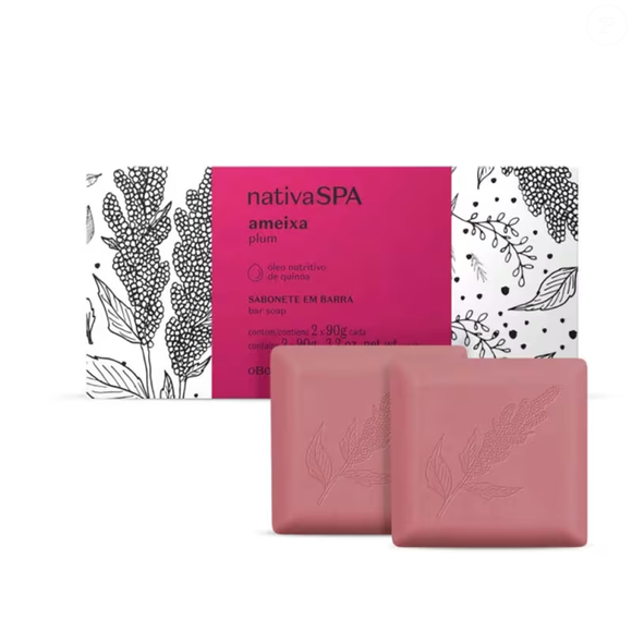 Kit Sabonetes em Barra Nativa SPA Ameixa (O Boticário) - 2x90g | R$ 18,90
Com espuma perfumada e toque cremoso, os sabonetes em barra unem limpeza suave, hidratação e o aroma envolvente que virou sucesso entre fãs da linha