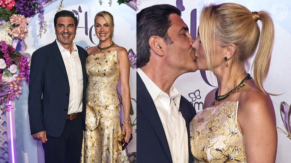 Recém-casados, Ana Hickmann e Edu Guedes dão beijão em festa e apresentadora aposta em look poderoso com jacquard e joias verdes