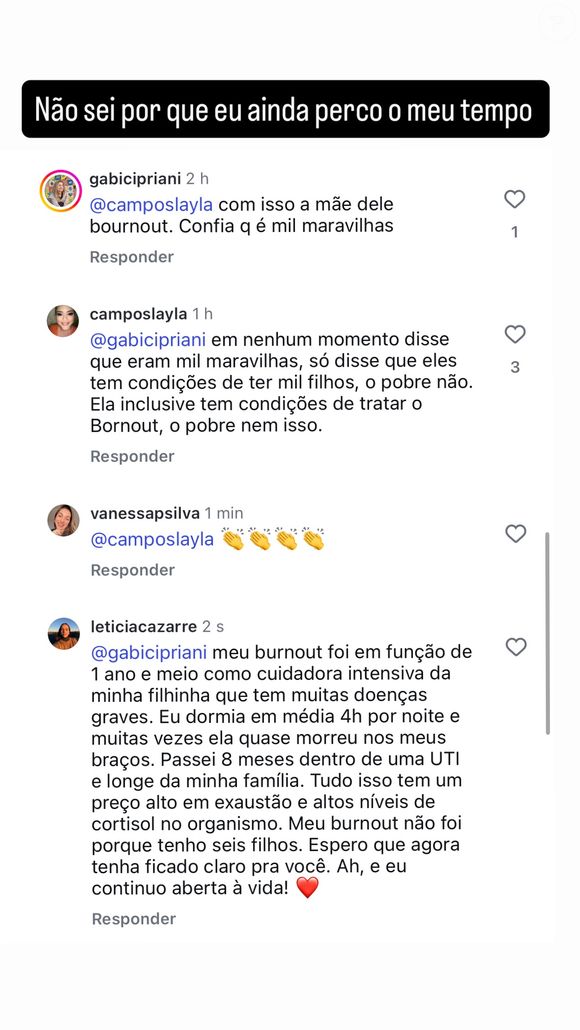 Mulher de Juliano Cazarré reagiu após internauta associar quadro de burnout à maternidade de seis filhos