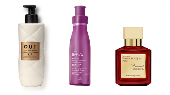 'Cheiro de rica' inspirado em Baccarat Rouge 540: Hidratante: Élégance Royale 115 (O.U.i) 400ml | R$134,00 + Body splash: Tododia Ameixa e Flor de Baunilha (Natura) 200 ml | R$93,90
