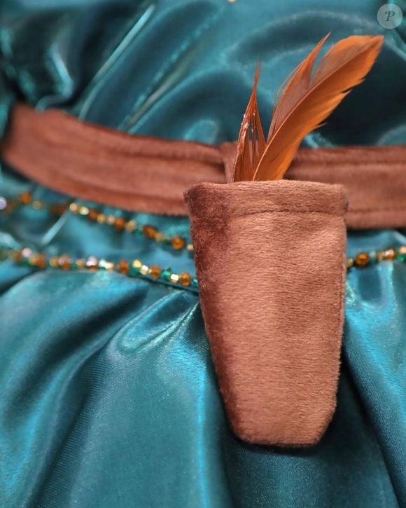 Detalhe da faixa com a pena no vestido da pequena, inspirado no filme da Disney