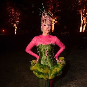 Priscila Senna veste uma criação escultural e colorida em tons de verde e rosa. O look é composto por uma blusa justa de renda rosa choque combinada a um corset verde estruturado com amarração frontal, adornado por um elemento acolchoado volumoso em formato de folha ao redor do quadril. O visual se completa com uma saia verde longa de caimento assimétrico com cauda, meia e sapatos na cor rosa e um penteado futurista estilizado
