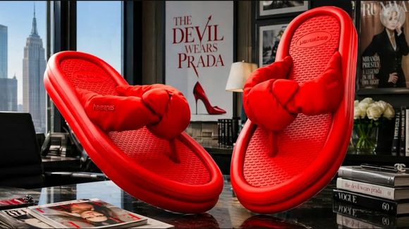 Sandália Havaianas Puffed Up: Detalhe do novo modelo com tiras acolchoadas que promete ser tendência de moda em 2026 após parceria com o filme 'O Diabo Veste Prada 2'
