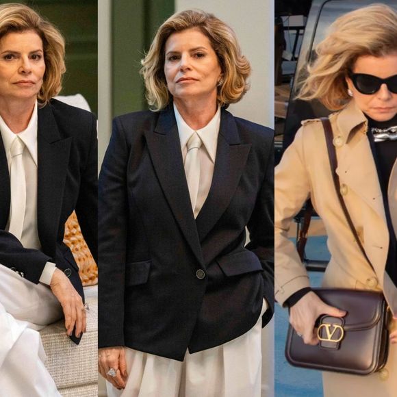 Gravata branca, blazer e bolsa de grife: um raio-X do primeiro look de Odete Roitman, de 'Vale Tudo', ao desembarcar no Brasil.