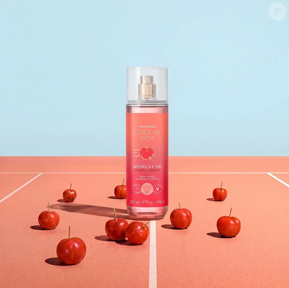 Com 200 ml, o Body Splash Cuide-se Bem Acerola e Vai integra uma linha desenvolvida pelo Boticário para os cuidados antes e depois dos exercícios. A proposta é levar uma fragrância fresca e energizante à rotina de quem pratica atividade física, com aroma inspirado na acerola.