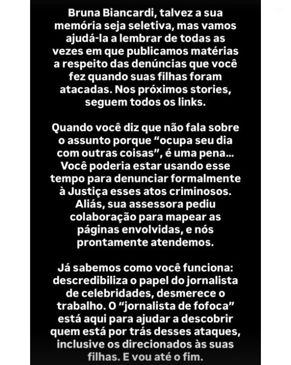 Leo Dias se defendeu e largou um conselho para Bruna Biancardi: 'Talvez a sua memória seja seletiva, mas vamos ajudá-la a lembrar de todas as vezes em que publicamos matérias a respeito das denúncias que você fez quando suas filhas foram atacadas'