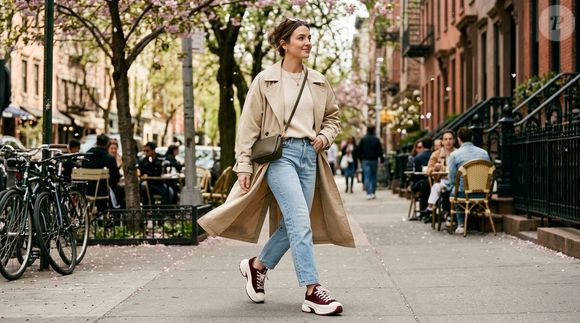 Para uma produção mais fashion, a plataforma de 45 mm pode ser combinada com peças de modelagem mais ampla, criando um contraste interessante entre o volume do look e o acabamento marcante do tênis