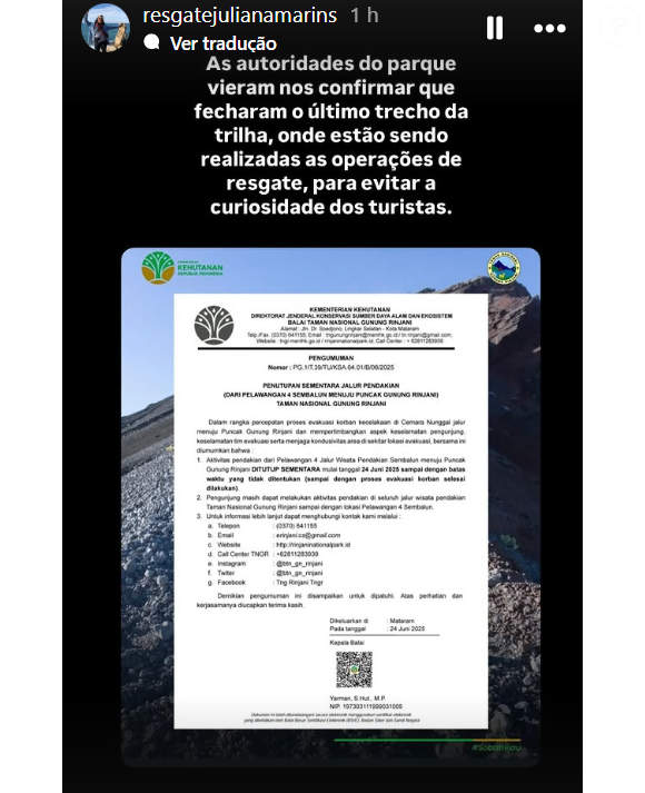 Caso Juliana Marins: perfil oficial de notícias sobre a jovem confirmou a informação do fechamento da trilha.