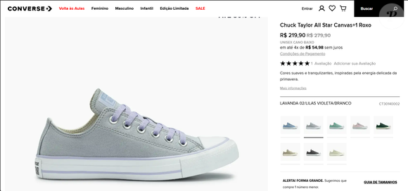 No site oficial, o Chuck Taylor All Star Lift Taylored Lux Cinza está com preço promocional de R$ 269,90