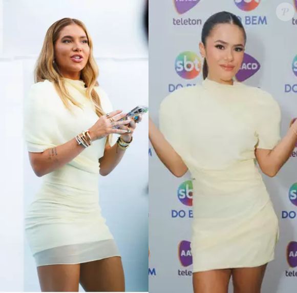 Em junho, Virgínia usou um vestido na cor amarelo-manteiga da grife francesa Jacquemus, no aniversário de quatro anos de sua filha Maria Alice. O modelo idêntico, batizado de Castagna, foi aposta de Maísa meses depois para o Teleton 2025