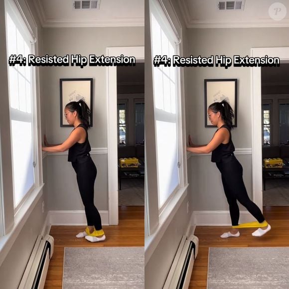 Já neste quarto exercício, a fisioterapeuta e instrutora de pilates trabalhou a cadeia posterior, utilizando a faixa elástica como ferramenta para o exercício.