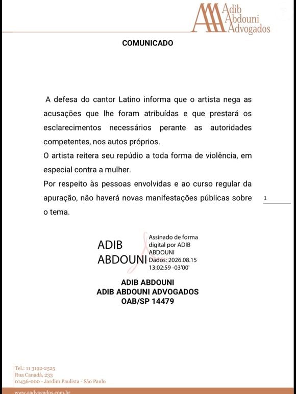 Latino acusado de agressão: cantor em comunicado oficial afirmou repudiar qualquer forma de violência