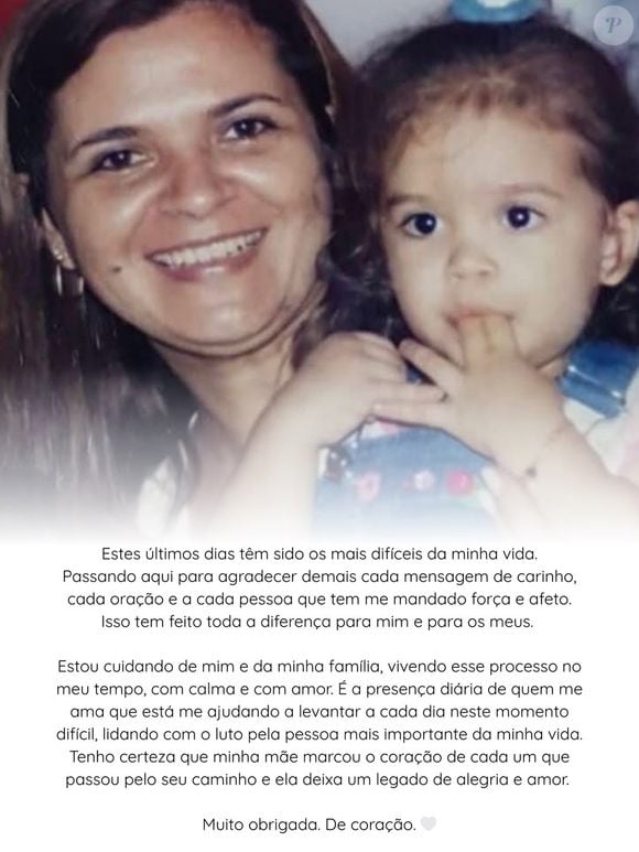 Mel Maia fez post no Instagram mais de uma semana após a morte da mãe para agradecer o apoio e citar os dias como os mais difíceis da vida