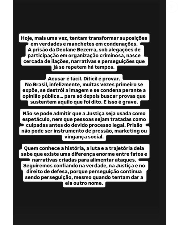 Irmã de Deolane Bezerra reagiu de forma grave à nova prisão da famosa: 'Não pode ser instrumento de pressão, marketing ou vingança social'